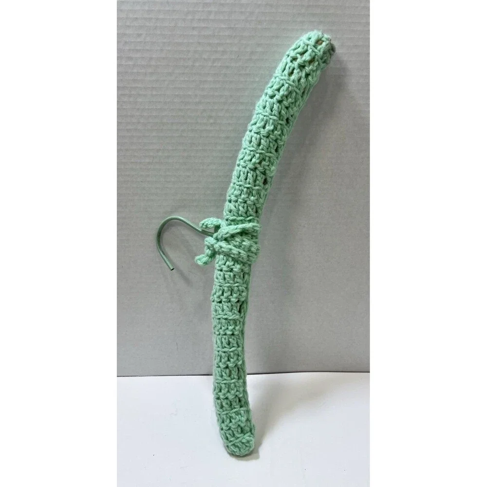 Vintage 1970s Crocheted Wood Hangers Set of 5 Green Yellow Pink Mod MCM 16.5